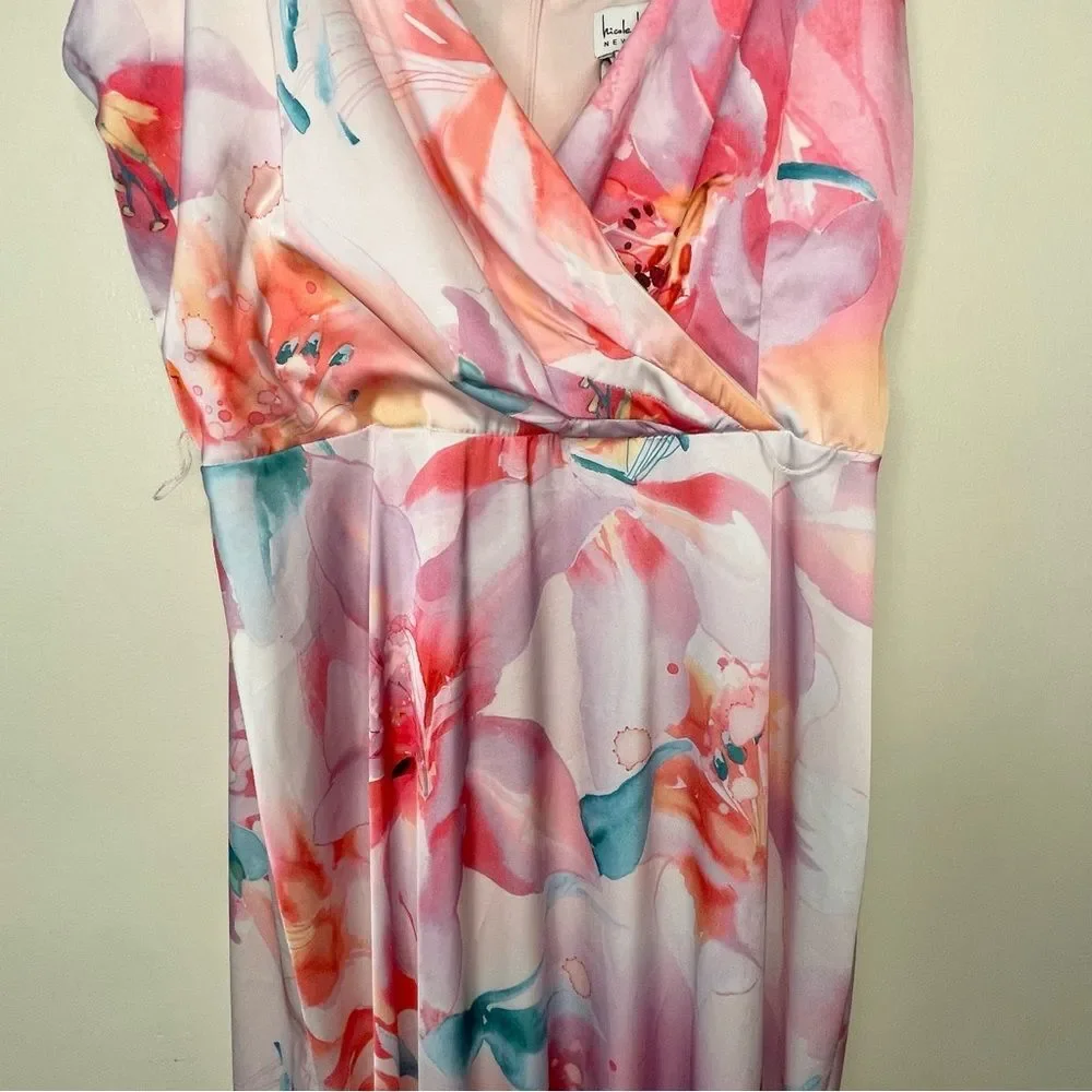 Nicole Miller Floral Dress Maxi Slip Long Sleeveless Satin Silky New Pink Small - Picture 5 of 14